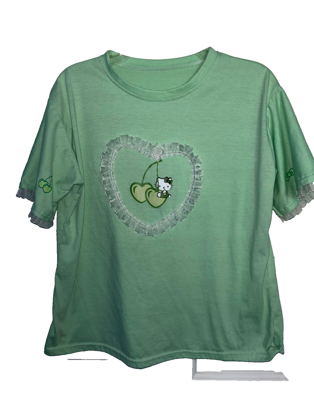Coquette Hello Kitty Mint Green Cherry Ruffle Tee Shirt Heart Ribbon L